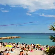 Public installé sur la plage pendant une démonstration aérienne