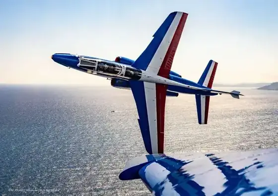 Avion de la Patrouille de France en vol au-dessus de la mer